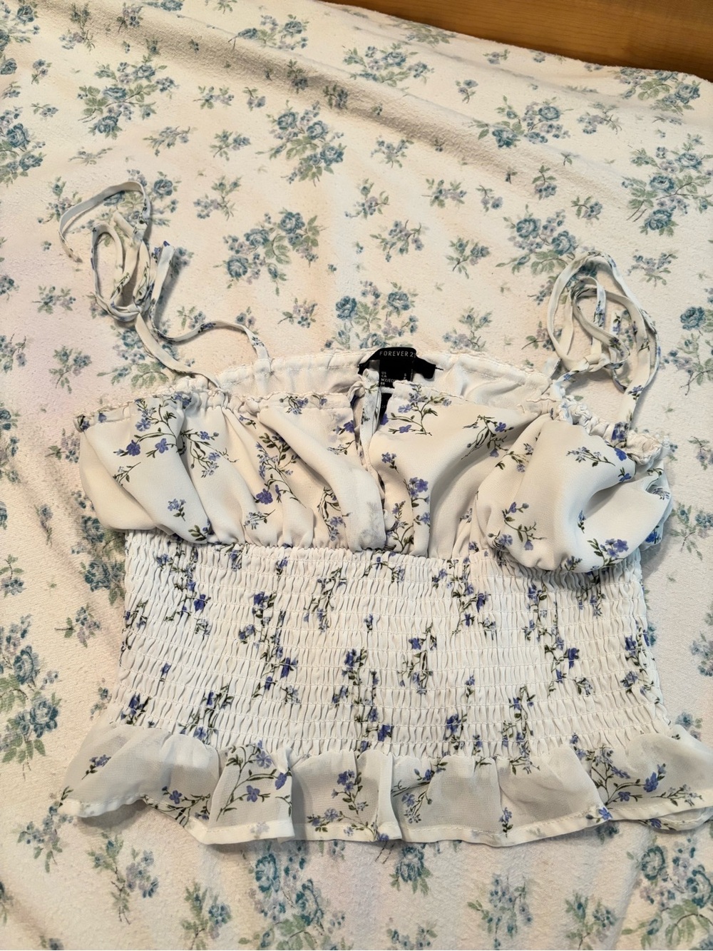 Forever 21 White Floral Tie-Shoulder Camisole with Blue and Green Print